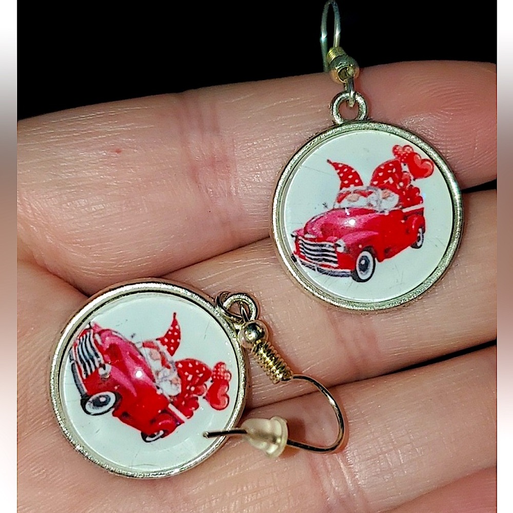 Gnomes driving a Red Convertible, w Red Polka Dot Hearts pierced earrings